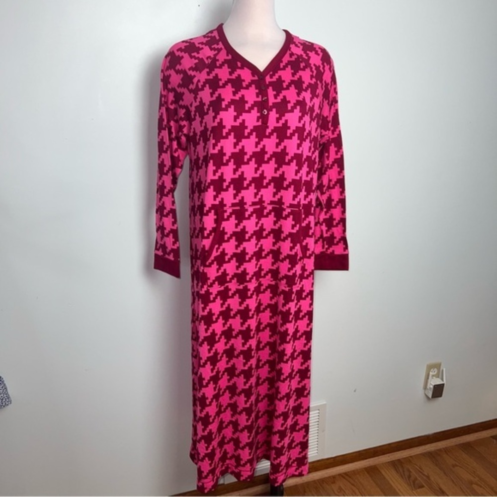 Comfort Code by Cuddl Duds Pink Houndstooth Henley Sleep Dress Nightgown Large